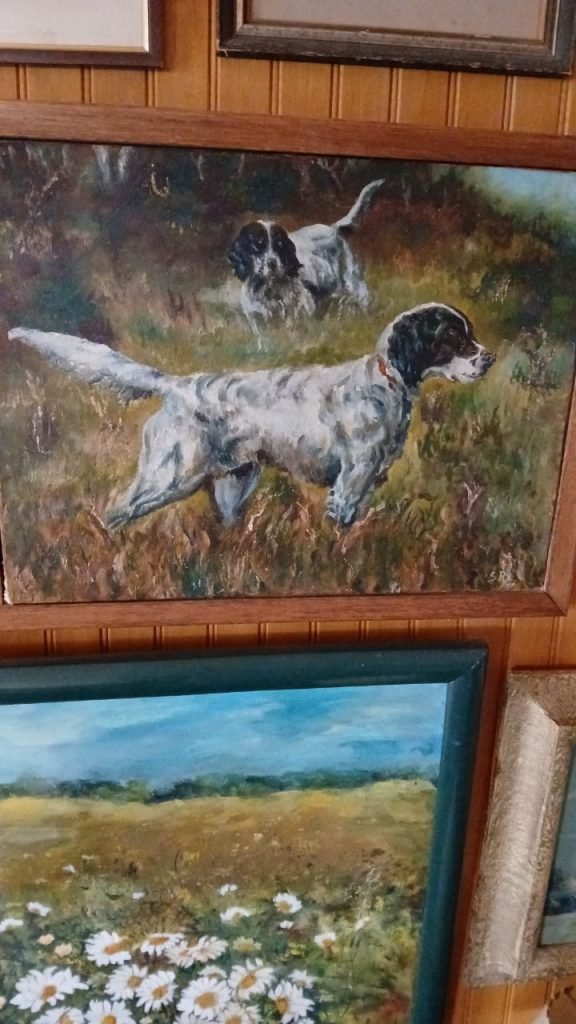 Oleo de perros de caza en el campo