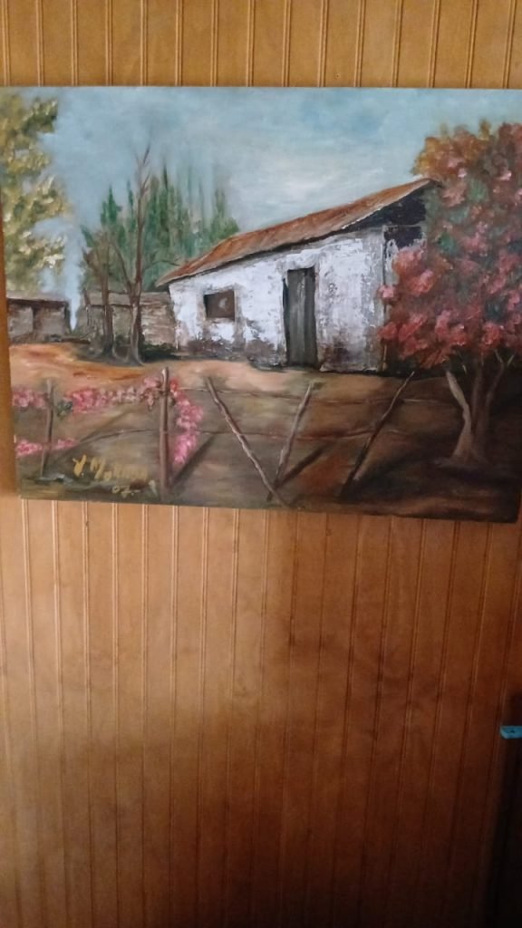 Oleo de casa de campo con buganvilias
